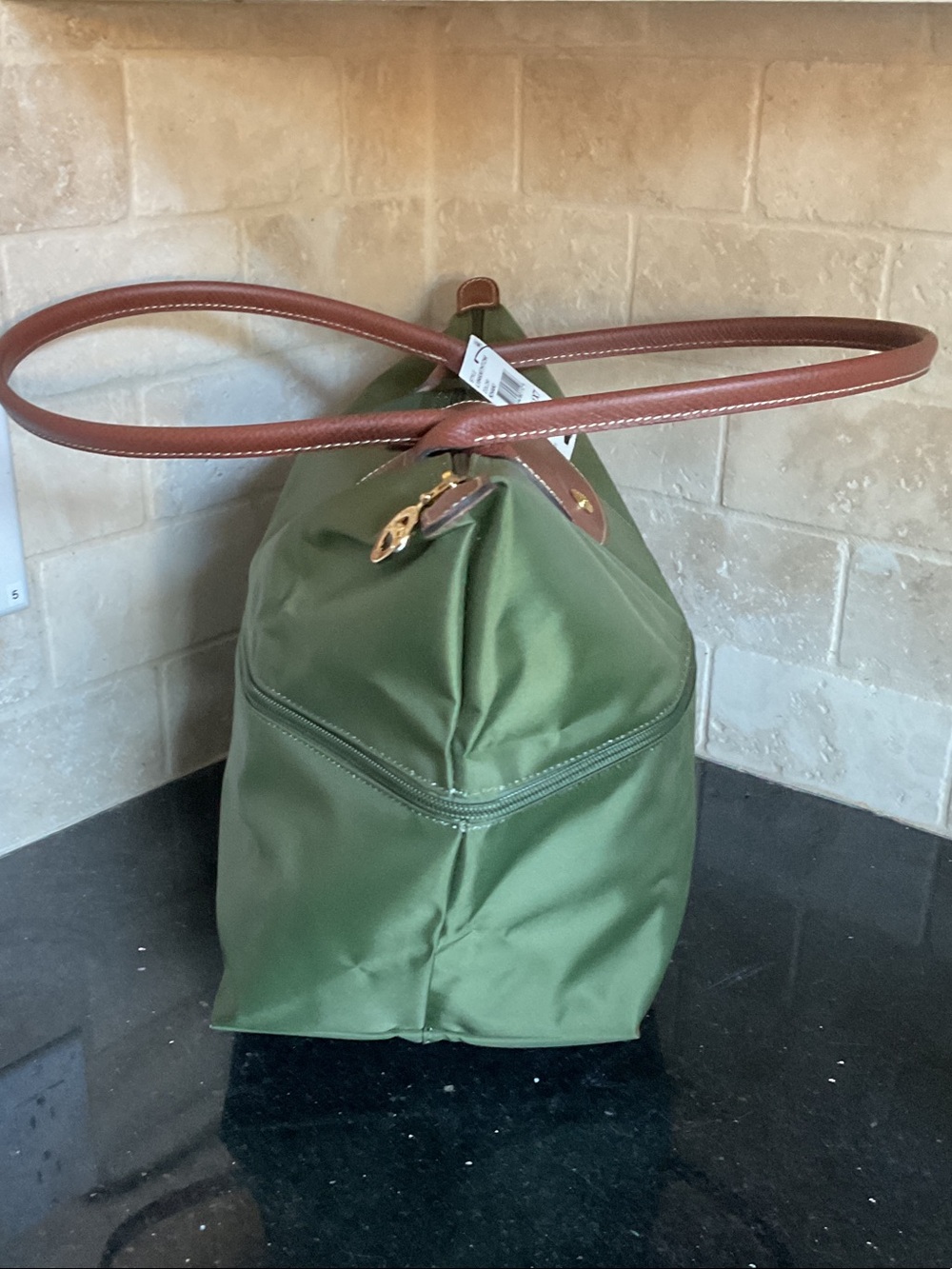 Longchamp Olive Nylon Tote with Brown Leather Trim - Picture 6 of 11